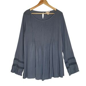 Sundance Catalog Pintuck Ling Sleeve Tunic Blouse Crochet Sleeve Dusty Blue SZ S